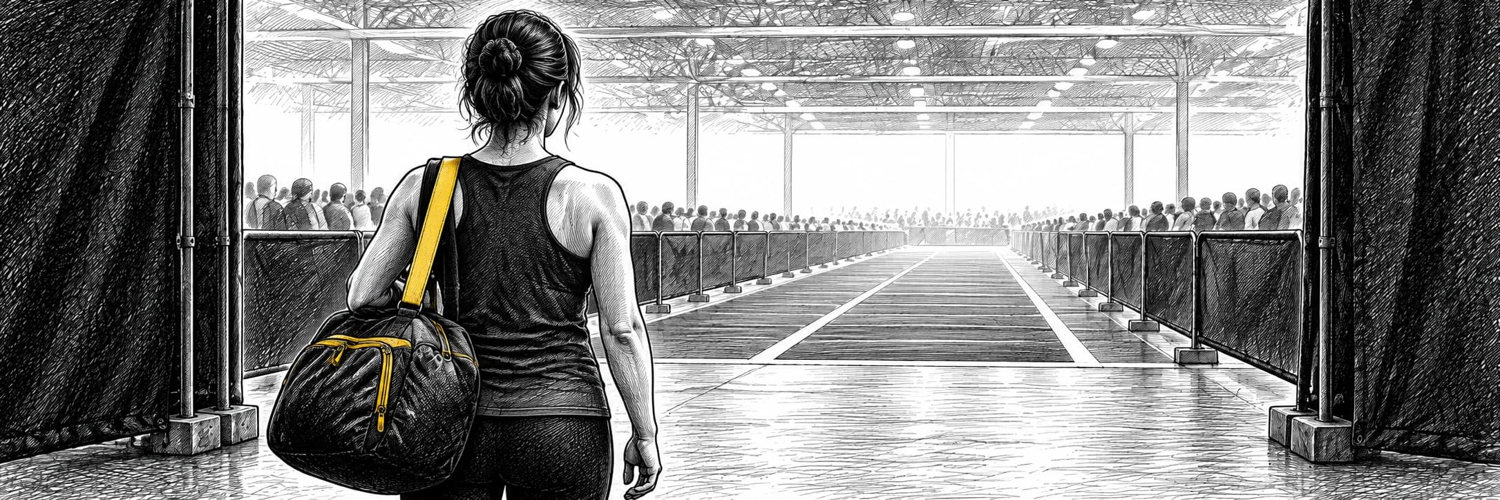 Ilustración a tinta: Principiante con bolsa deportiva observando un recinto de competición