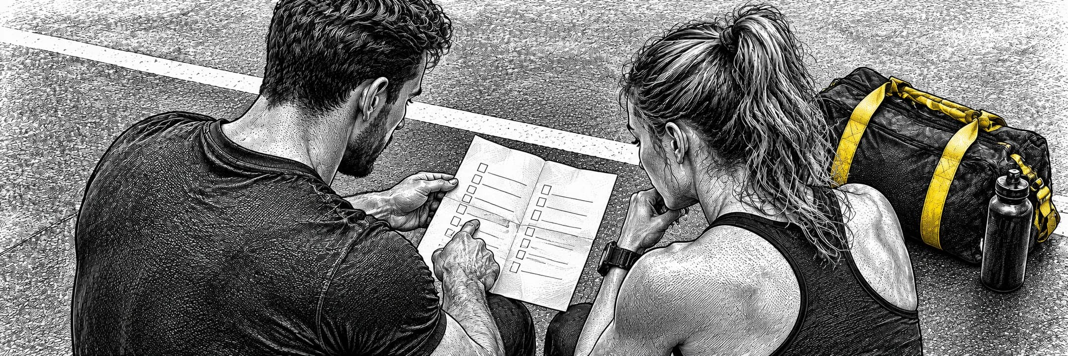 Ilustración a tinta: Dos compañeros revisando una lista antes de entrenar