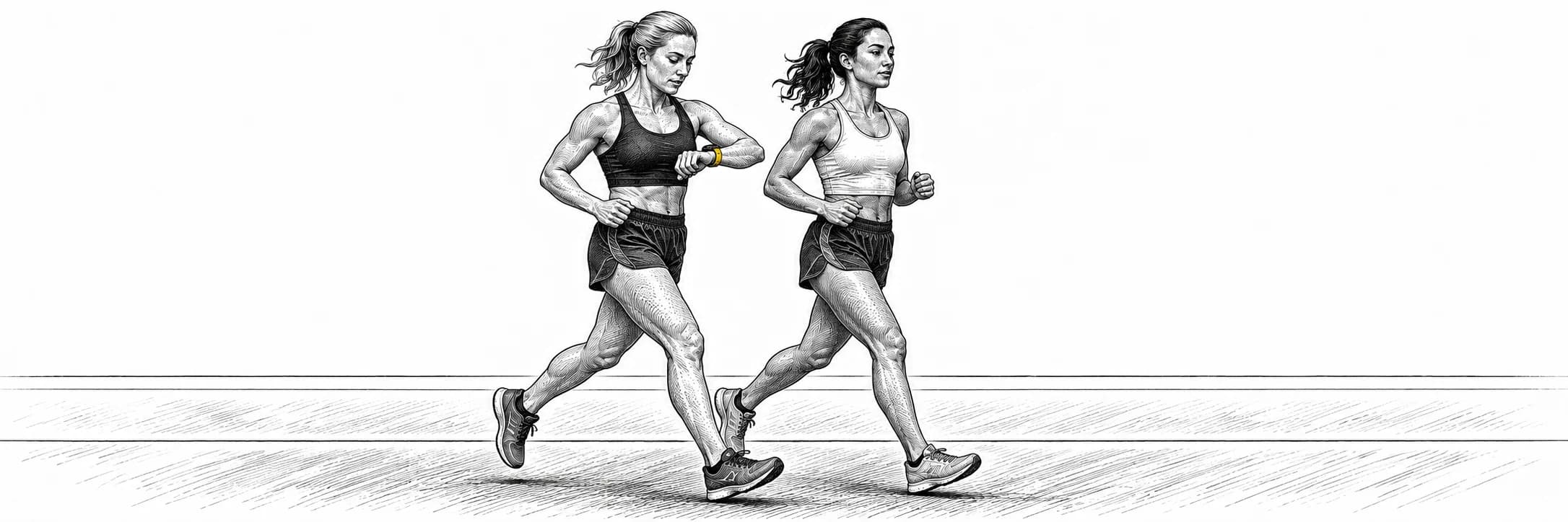 Ilustración a tinta: Dos compañeras de entrenamiento corriendo juntas