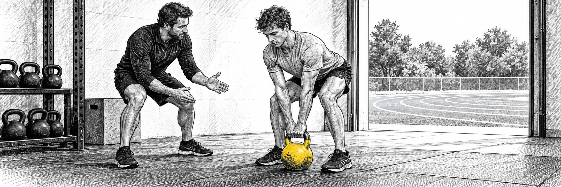 Ilustración a tinta: Corredor aprendiendo peso muerto con kettlebell junto a un entrenador
