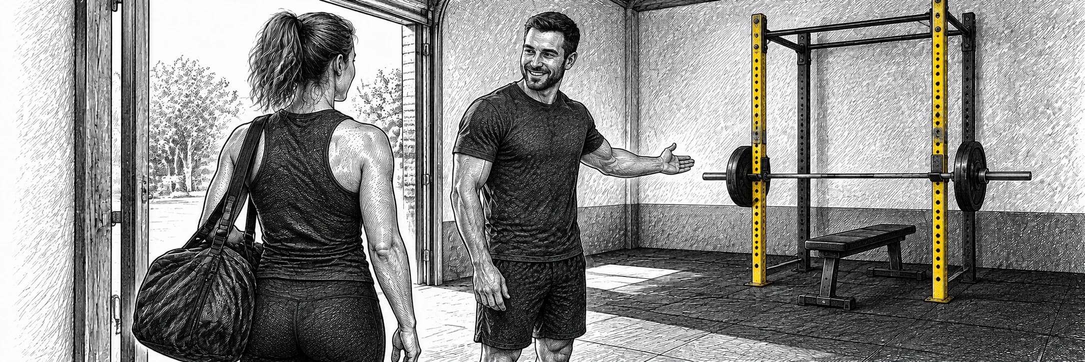 Ilustración a tinta: Atleta y entrenador visitando un gimnasio