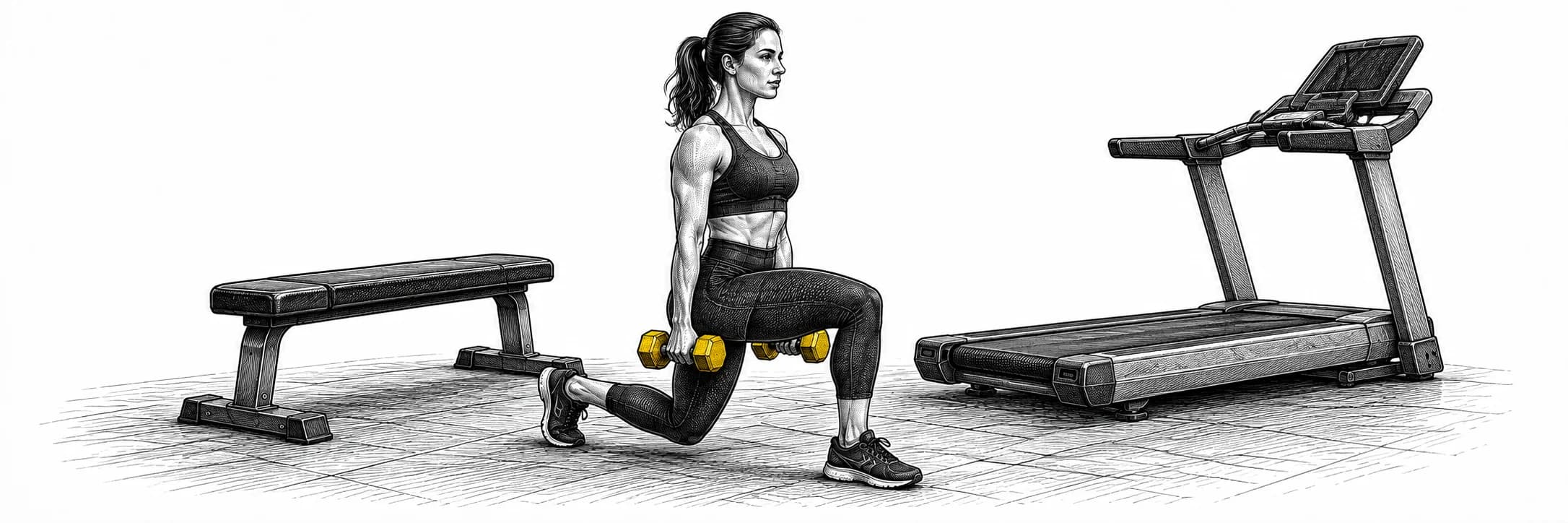 Ilustración a tinta: Atleta haciendo una zancada inversa con mancuernas en el gimnasio