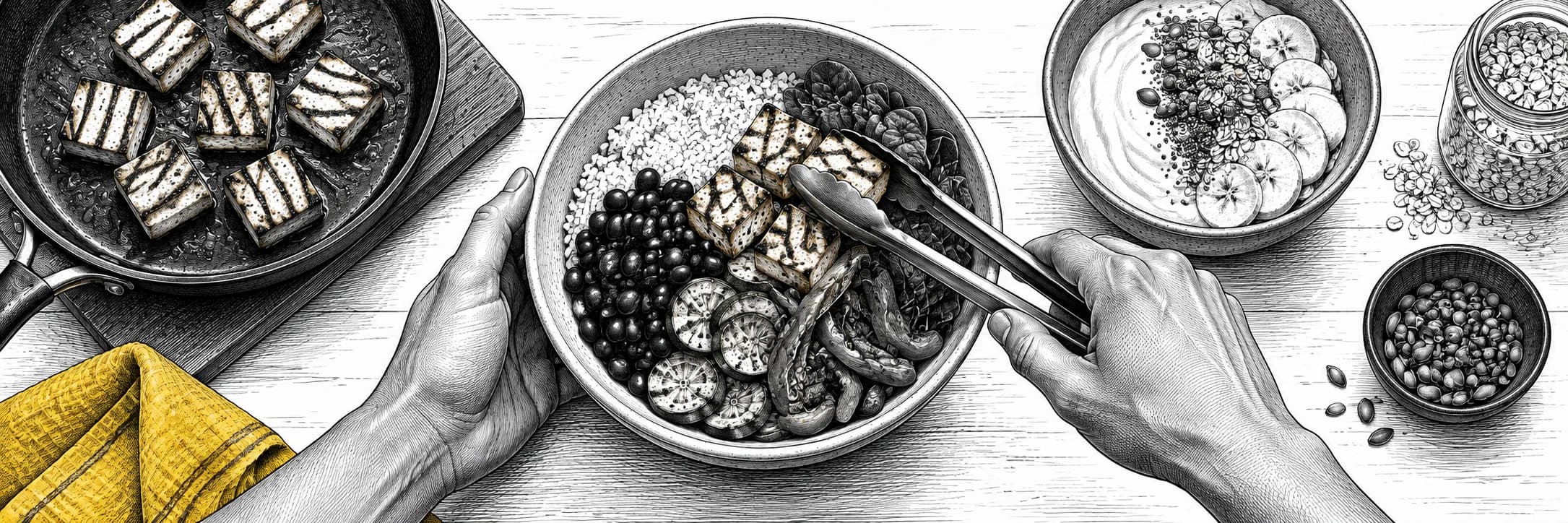 Ilustración a tinta: Preparación de comidas con arroz, legumbres, tofu, verduras y avena