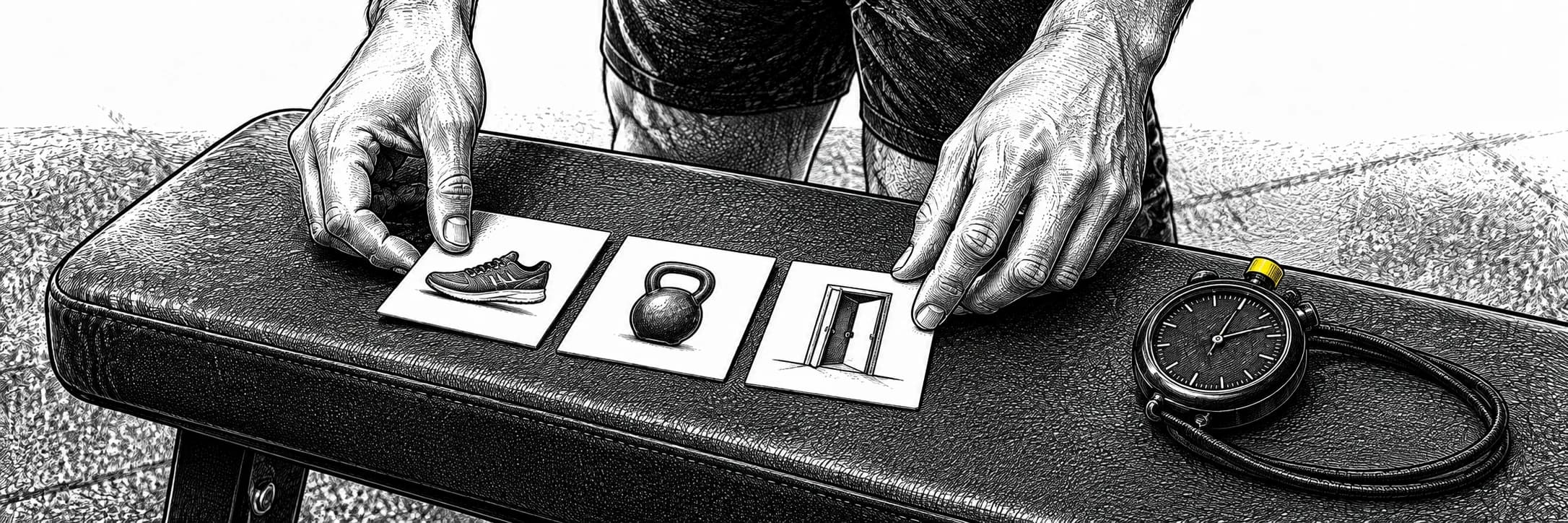 Ilustración a tinta: Manos organizando tarjetas de ritmo junto a un cronómetro