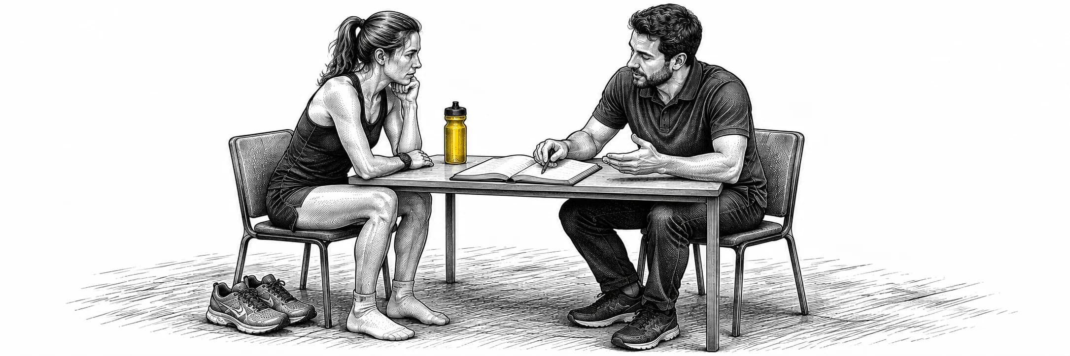 Ilustración a tinta: Corredor revisando su registro de entrenamiento con un profesional