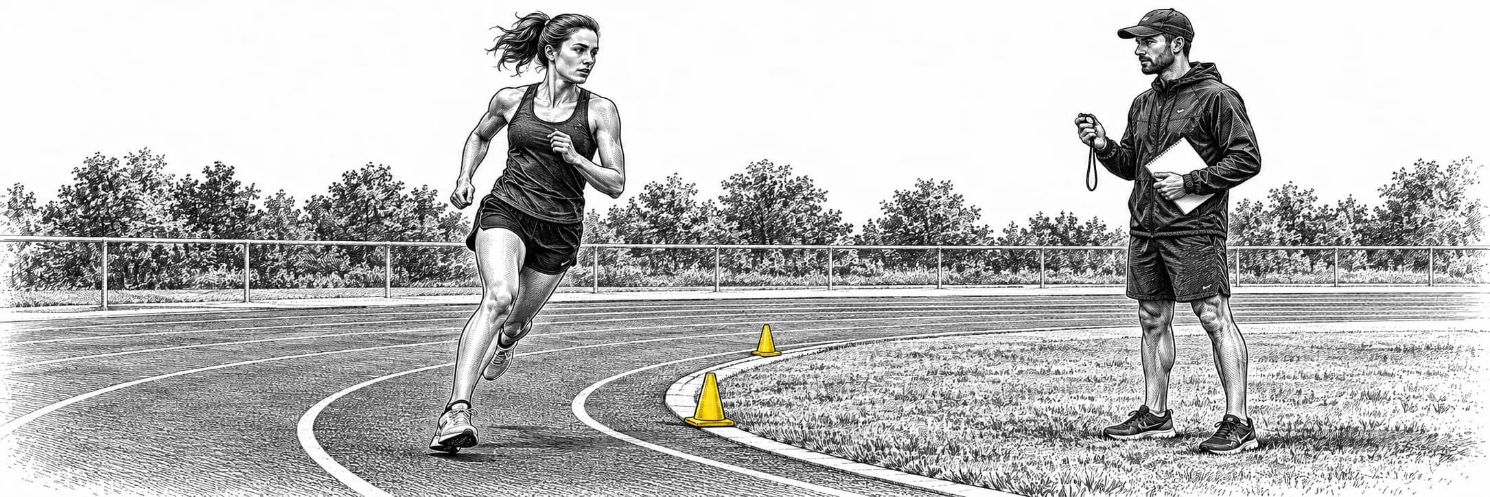 Ilustración a tinta: Corredor en una pista junto a un entrenador con cronómetro