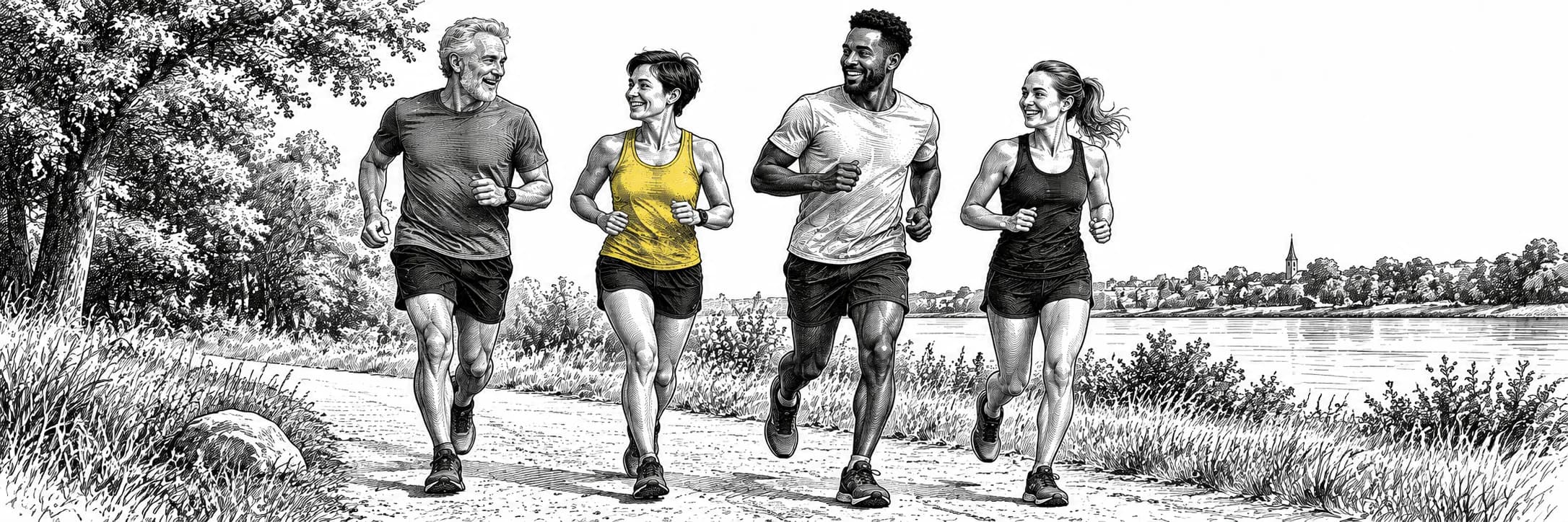 Ilustración a tinta: Cuatro atletas corriendo juntos al aire libre