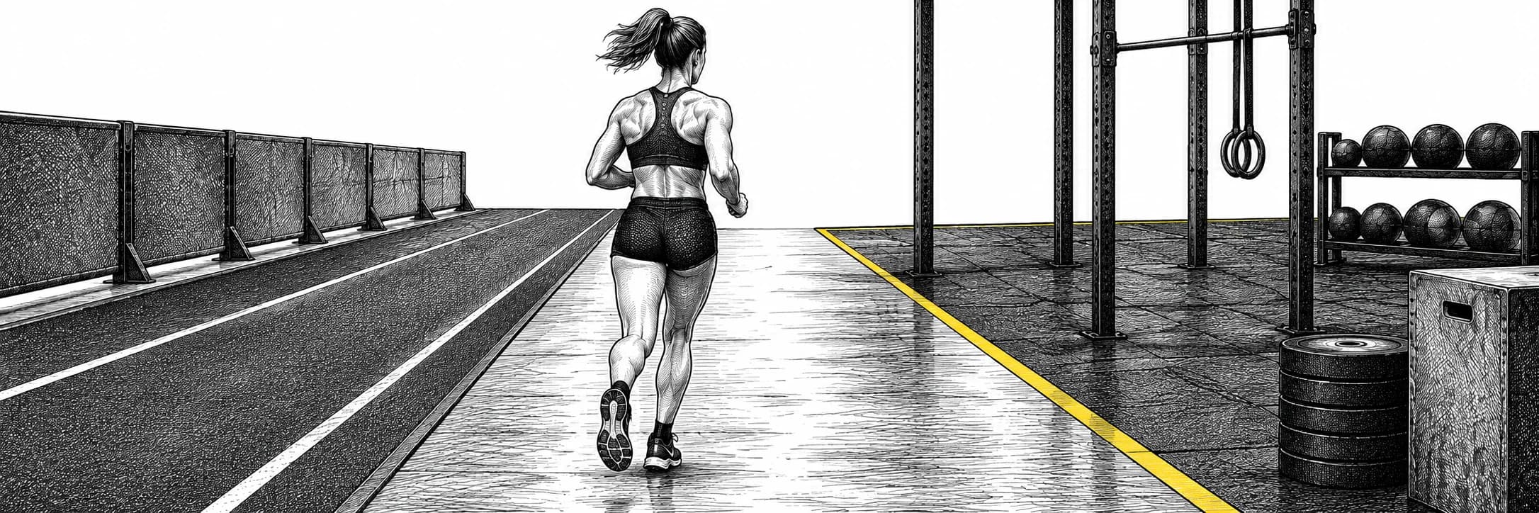 Ilustración a tinta: Atleta trotando por un pasillo de transición despejado