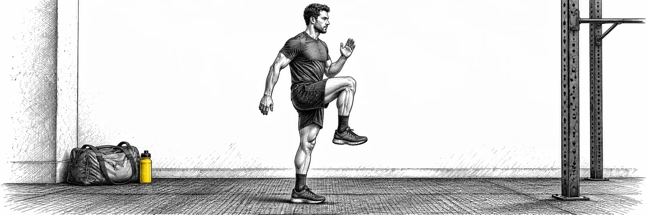 Ilustración a tinta: Atleta calentando con una elevación de rodilla de pie
