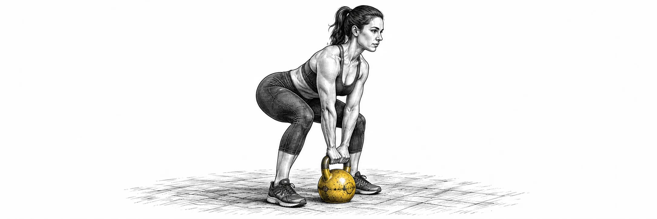 Ilustración a tinta: Atleta preparando un peso muerto con kettlebell