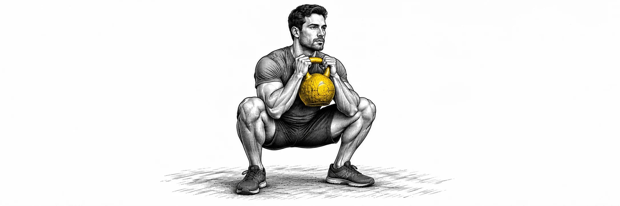 Ilustración a tinta: Atleta haciendo una sentadilla con una kettlebell sujetada por los laterales del asa
