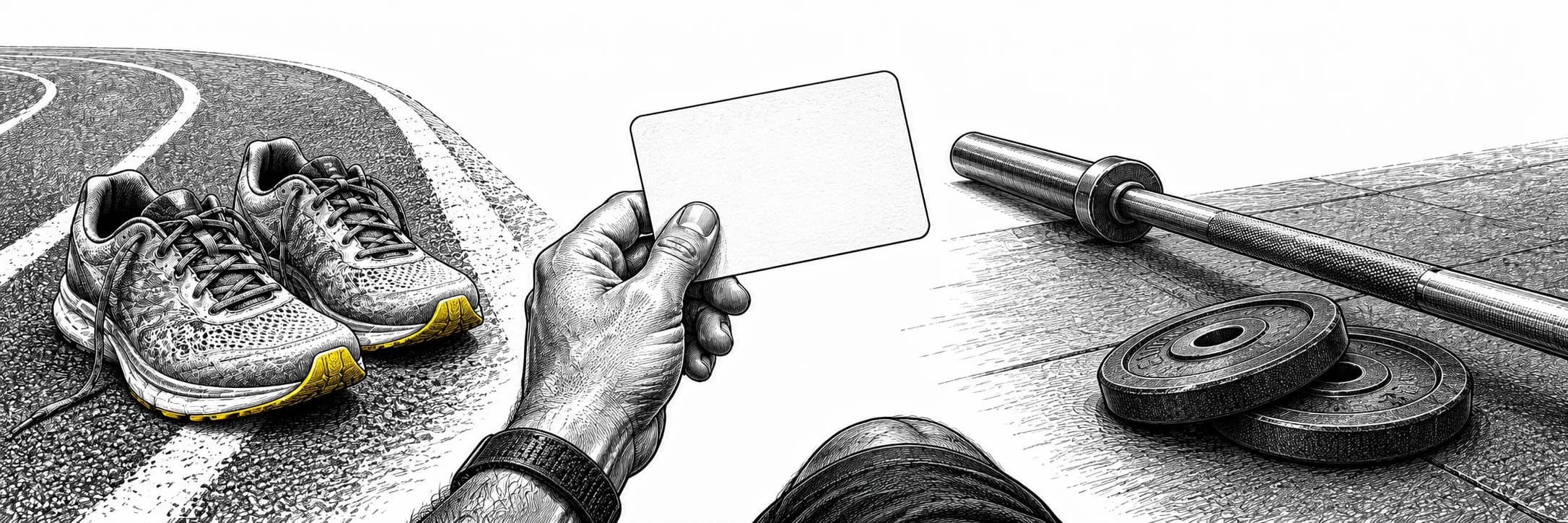 Ilustración a tinta: Zapatillas de correr, barra y ficha de planificación