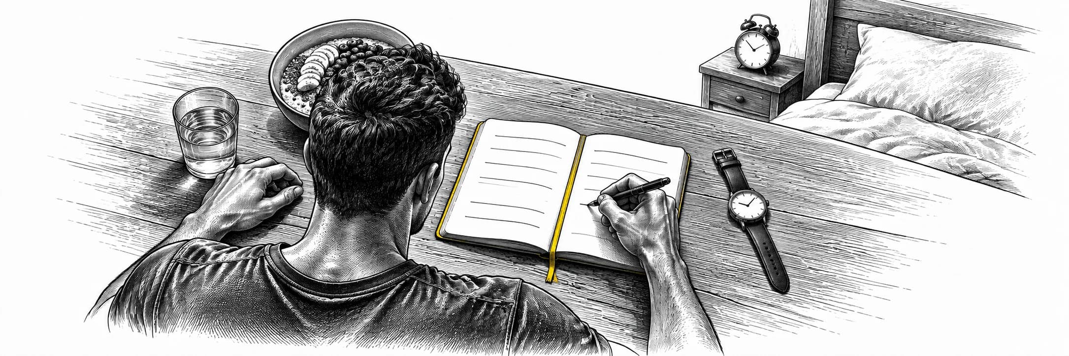 Ilustración a tinta: Atleta escribiendo en un diario junto al desayuno y un reloj