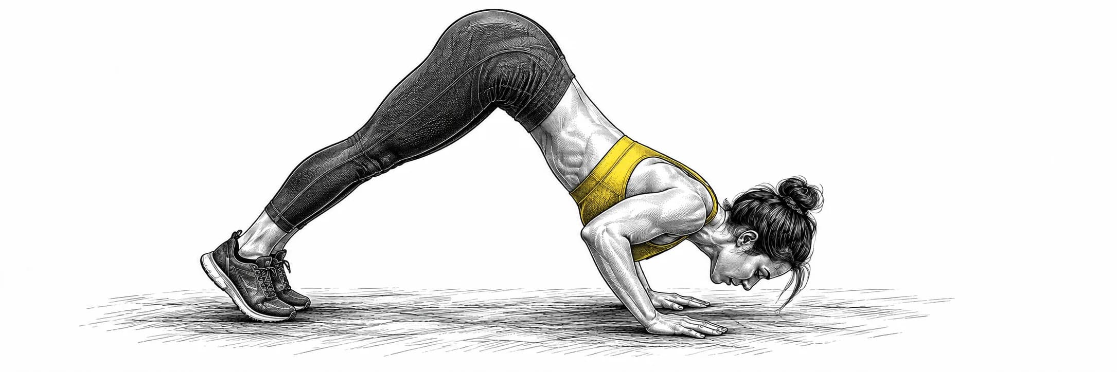 Ilustración a tinta: Atleta haciendo una flexión en pica con las caderas elevadas