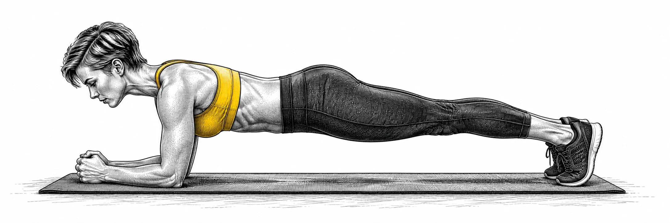 Ilustración a tinta: Atleta manteniendo una plancha sobre antebrazos