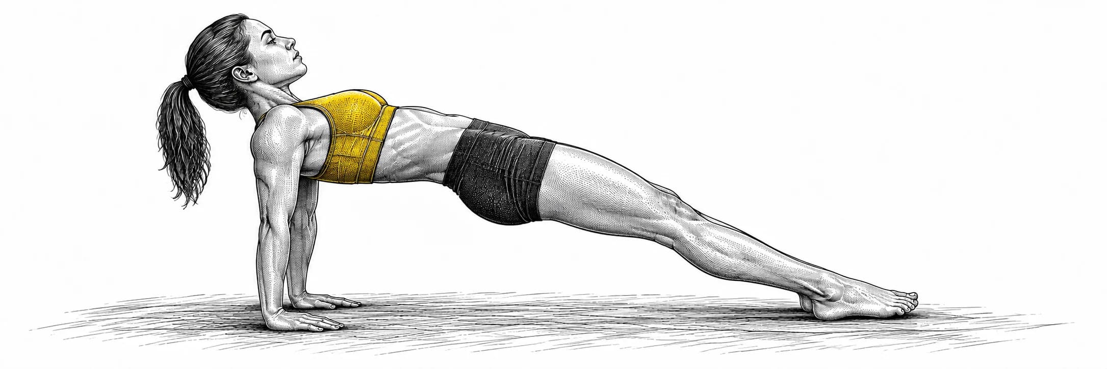Ilustración a tinta: Atleta en plancha invertida sobre manos y talones