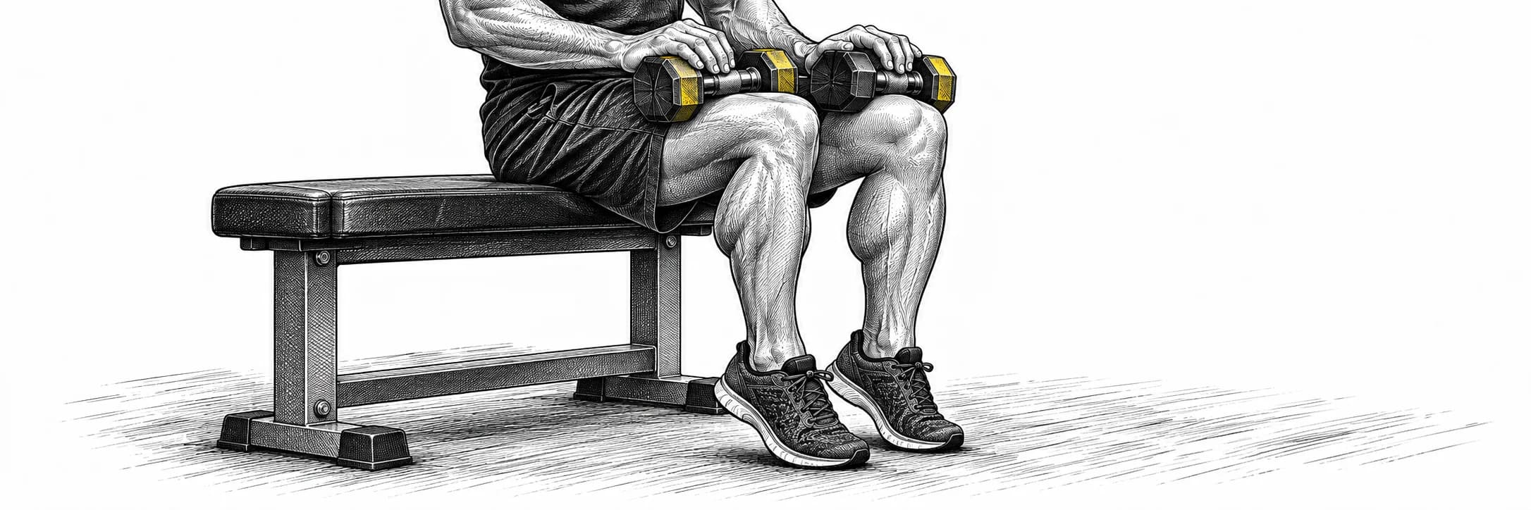 Ilustración a tinta: Atleta sentado elevando los talones con mancuernas sobre los muslos