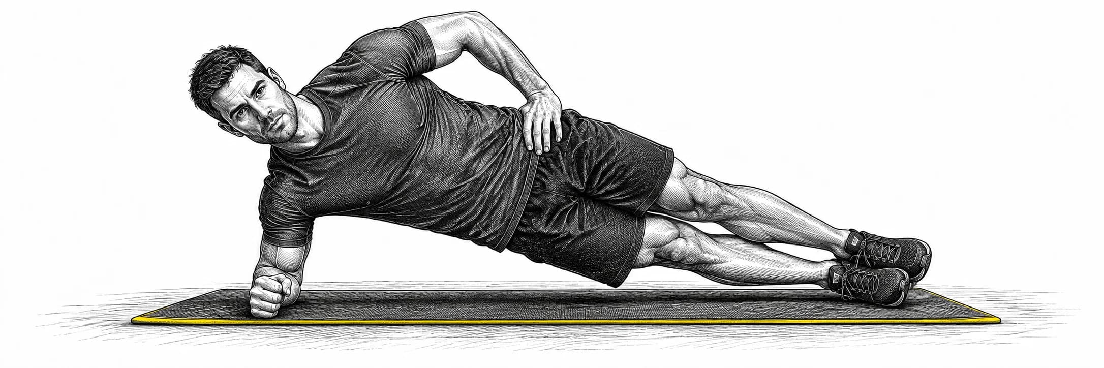 Ilustración a tinta: Atleta manteniendo una plancha lateral sobre el antebrazo