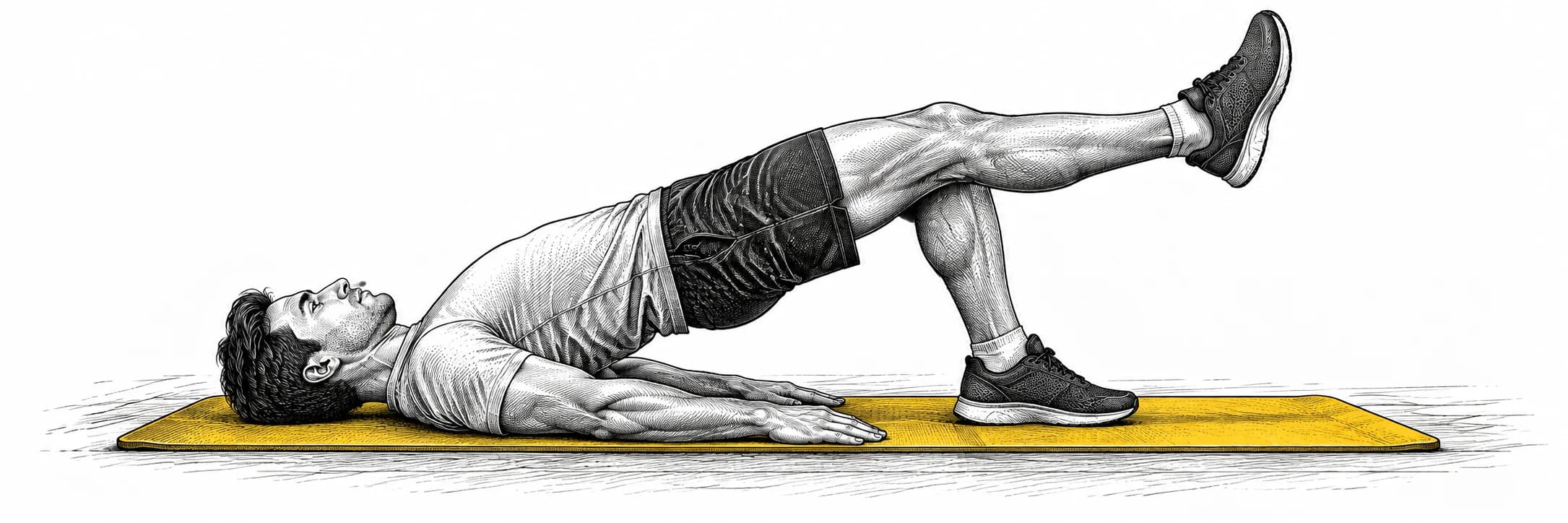Ilustración a tinta: Atleta realizando un puente de glúteos a una pierna