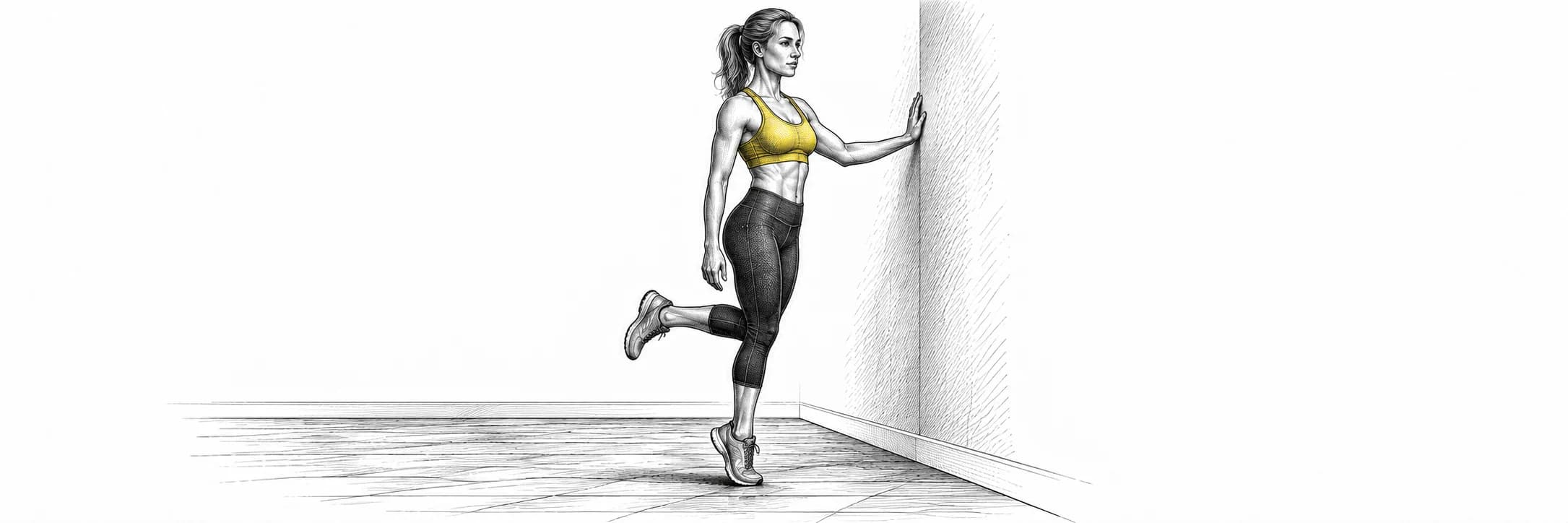 Ilustración a tinta: Atleta haciendo una elevación de gemelo a una pierna junto a una pared