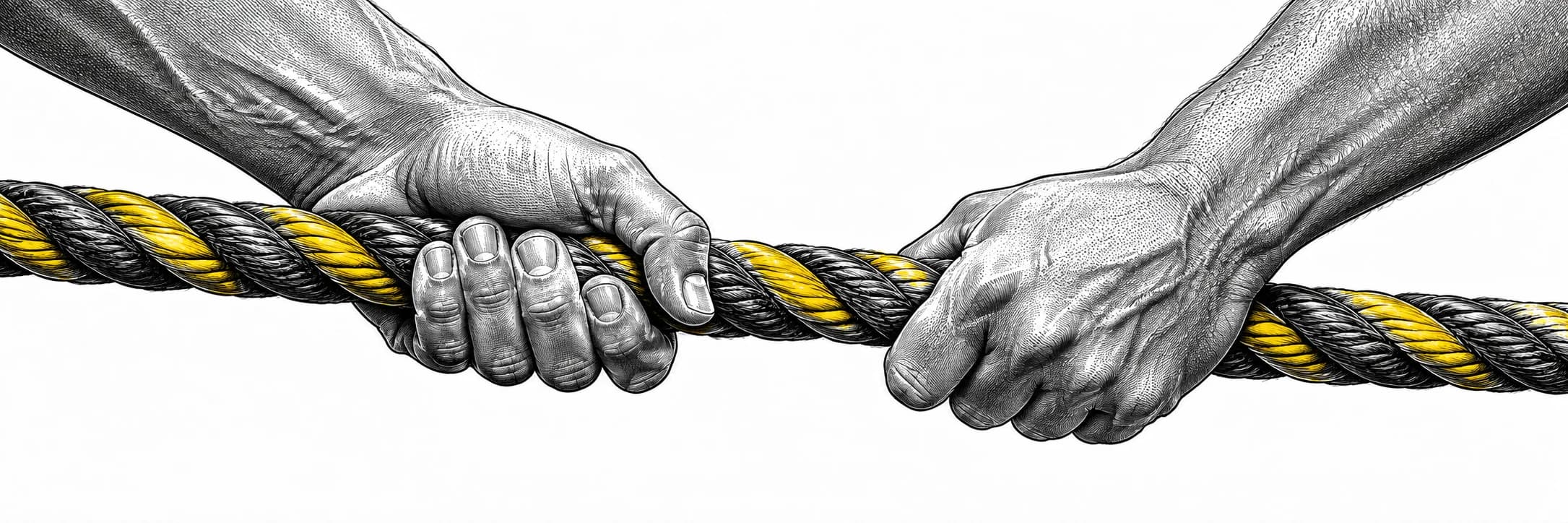 Ilustración a tinta: Manos agarrando una cuerda de entrenamiento gruesa