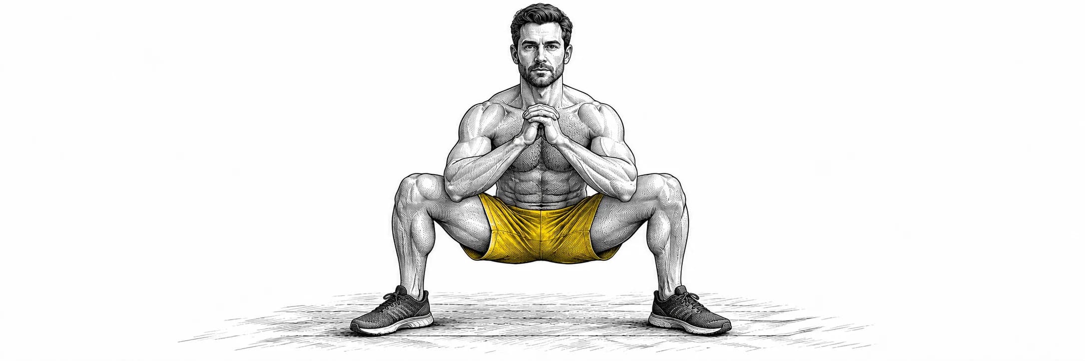 Ilustración a tinta: Atleta haciendo una sentadilla sin peso con postura amplia