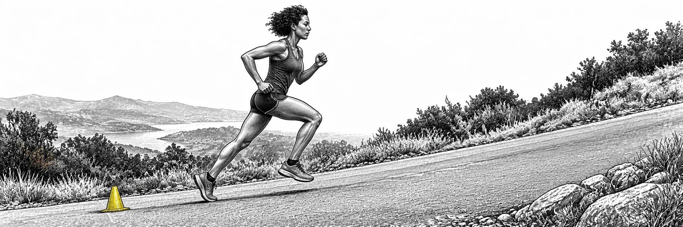 Ilustración a tinta: Atleta corriendo cuesta arriba durante intervalos