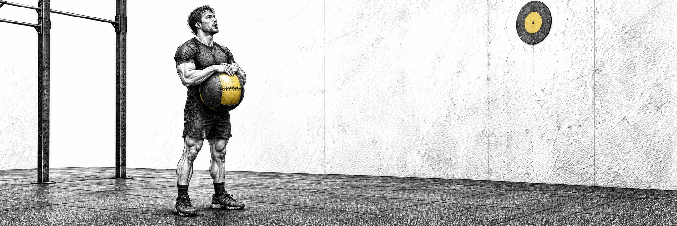 Ilustración a tinta: Atleta descansando entre series de wall balls