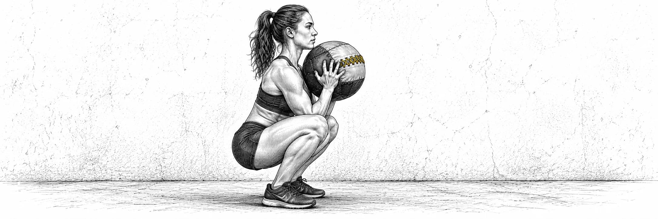 Ilustración a tinta: Atleta en sentadilla sosteniendo un wall ball frente al pecho