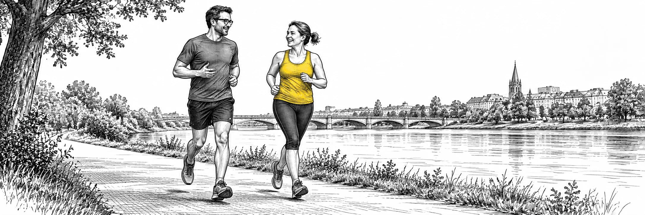 Ilustración a tinta: Dos corredores conversando durante un trote suave junto al río