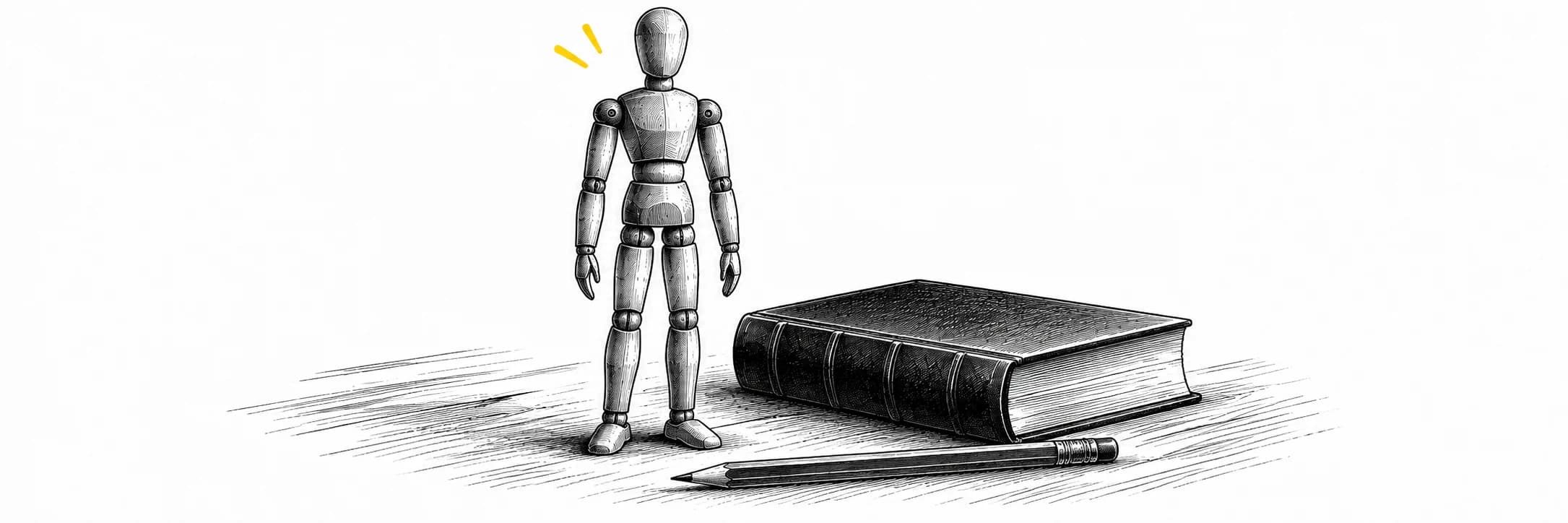 Ink illustration: Wooden drawing mannequin beside a book