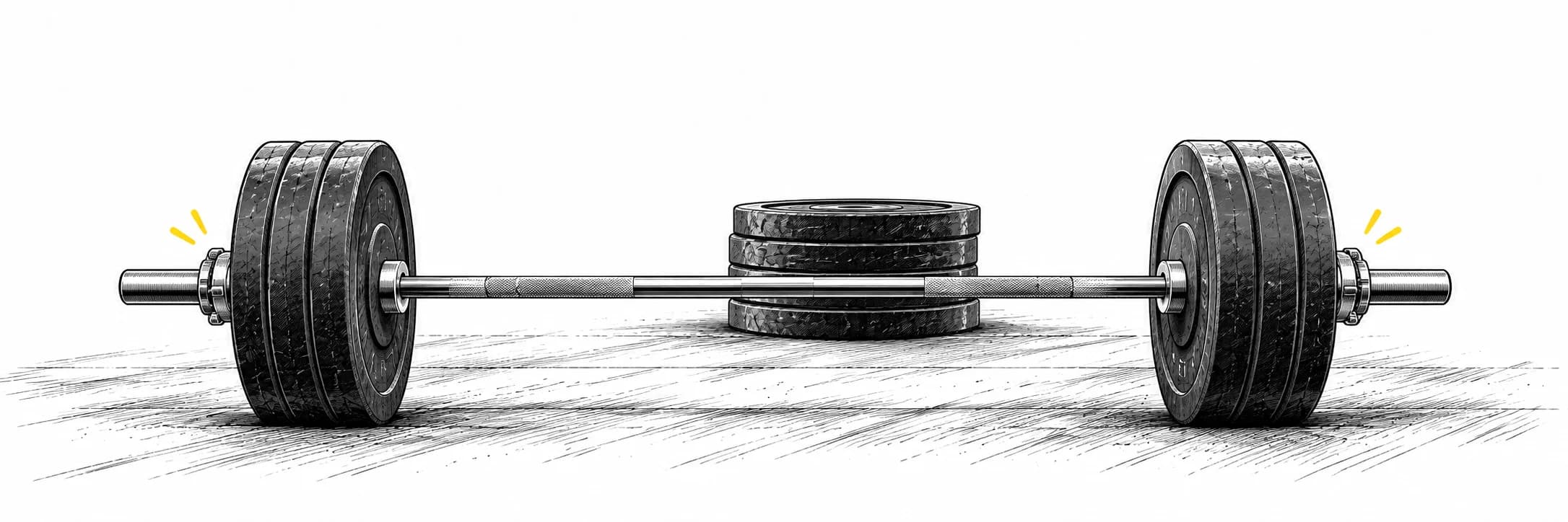 Ink illustration: Barbell with weight plates on the floor