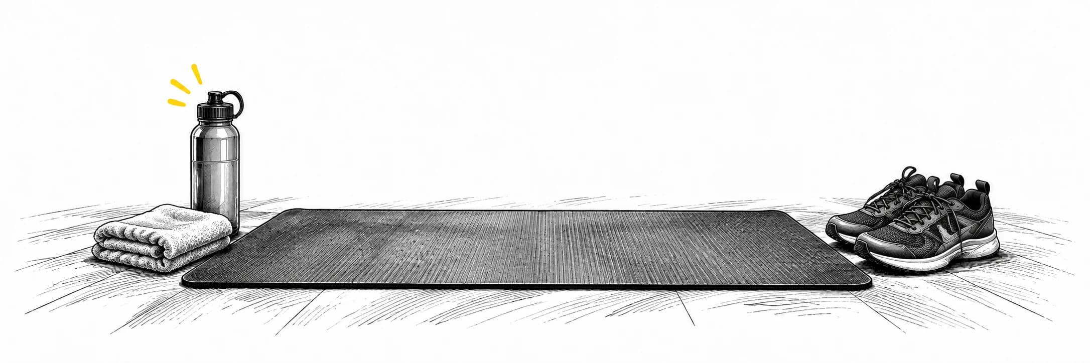 Ink illustration: Exercise mat, shoes, towel and water bottle