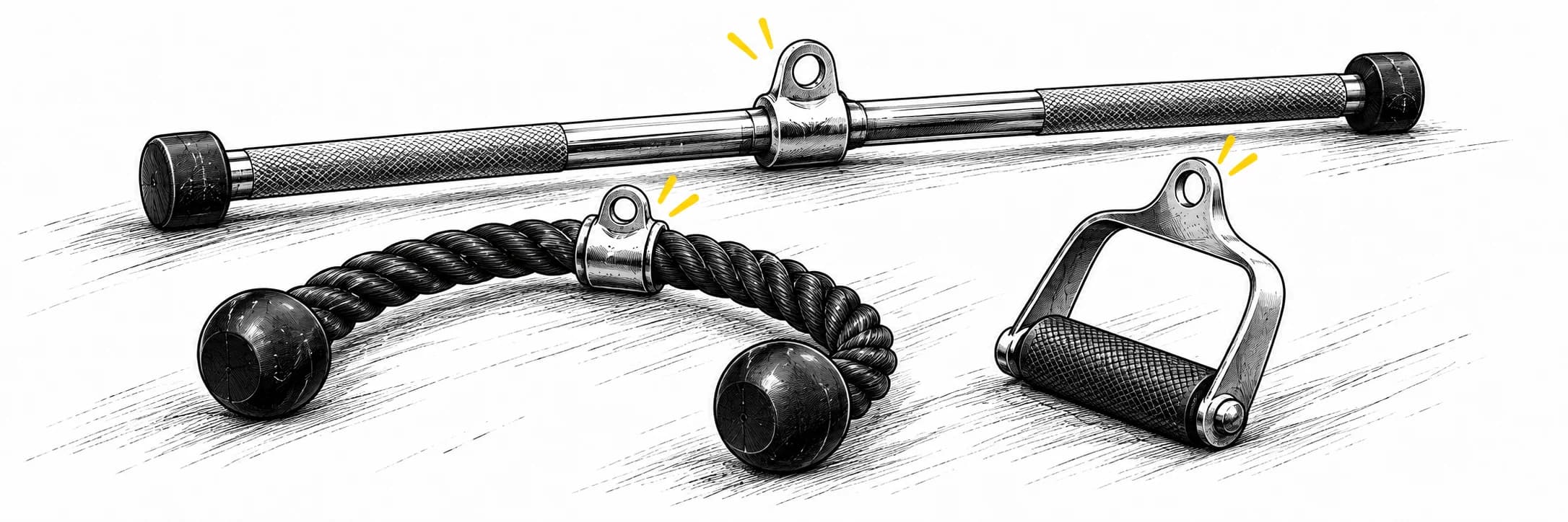 Ink illustration: Cable-machine bar, rope attachment and handle
