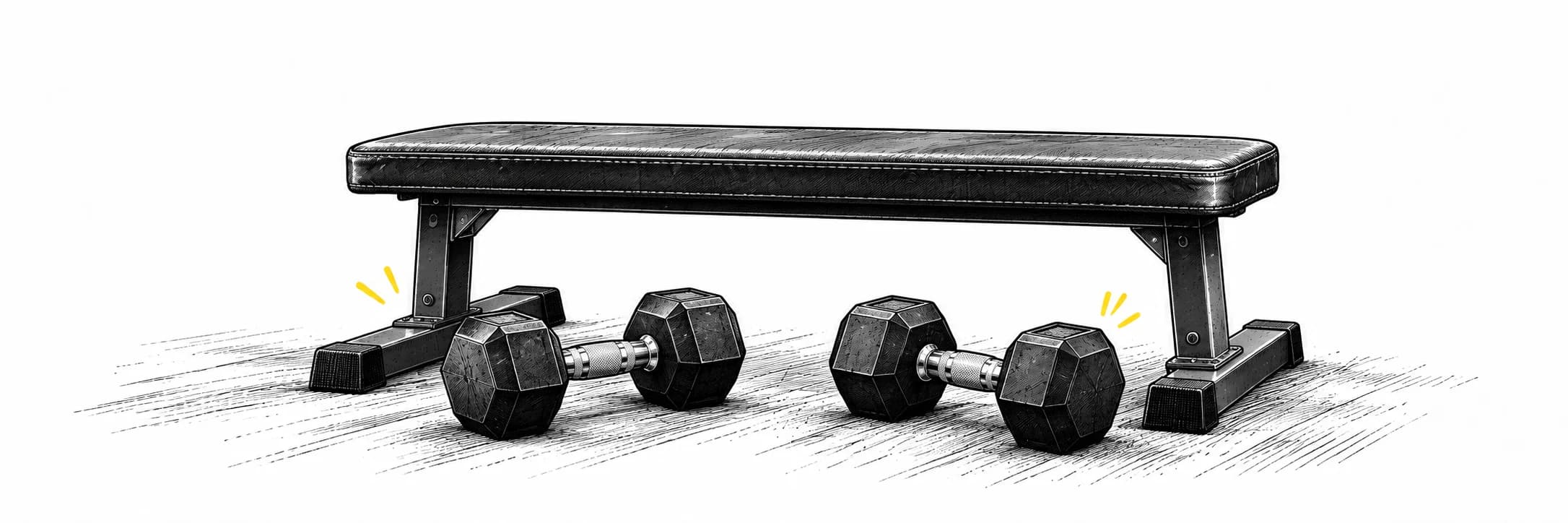 Ink illustration: Two hex dumbbells beside a flat bench