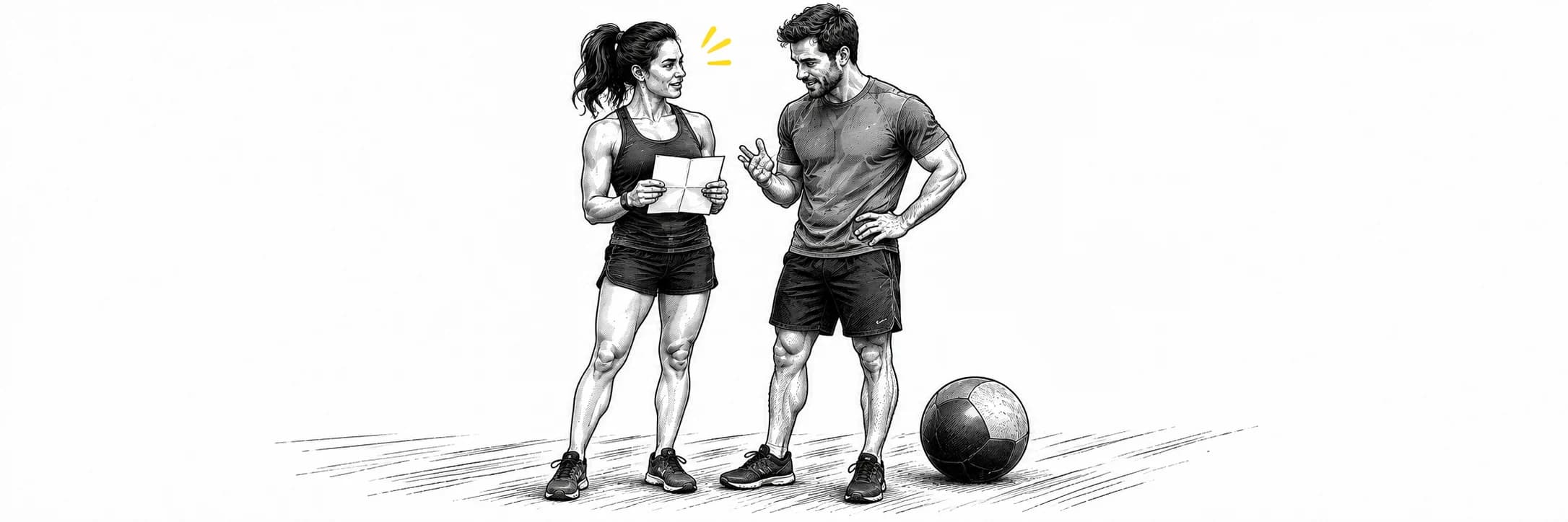 Ink illustration: Two training partners planning together