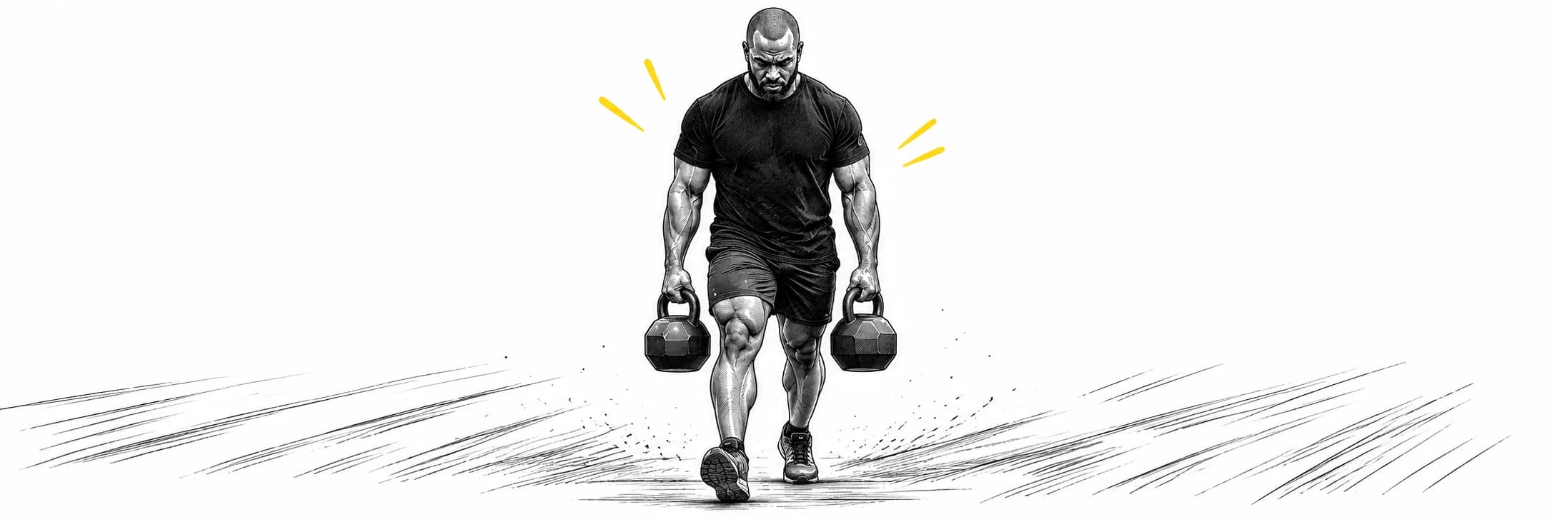 Ink illustration: Athlete carrying two kettlebells