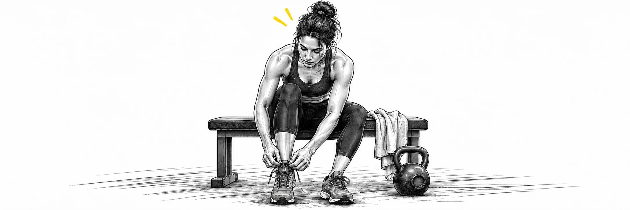 Ink illustration: Athlete tying her running shoes