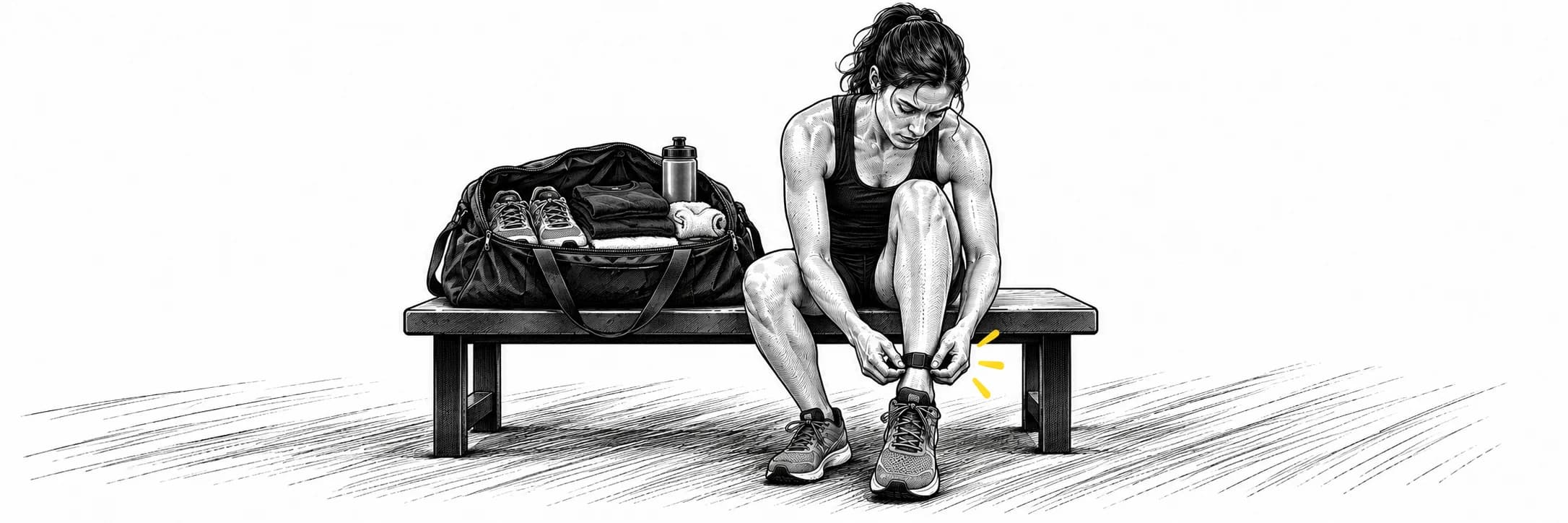 Ink illustration: Athlete fastening an ankle timing chip