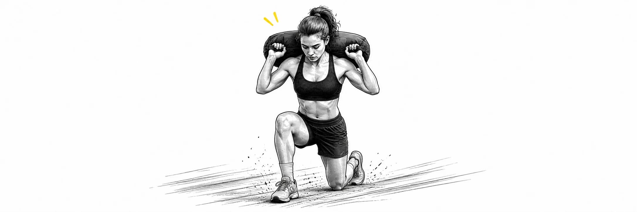 Ink illustration: Athlete performing a sandbag lunge