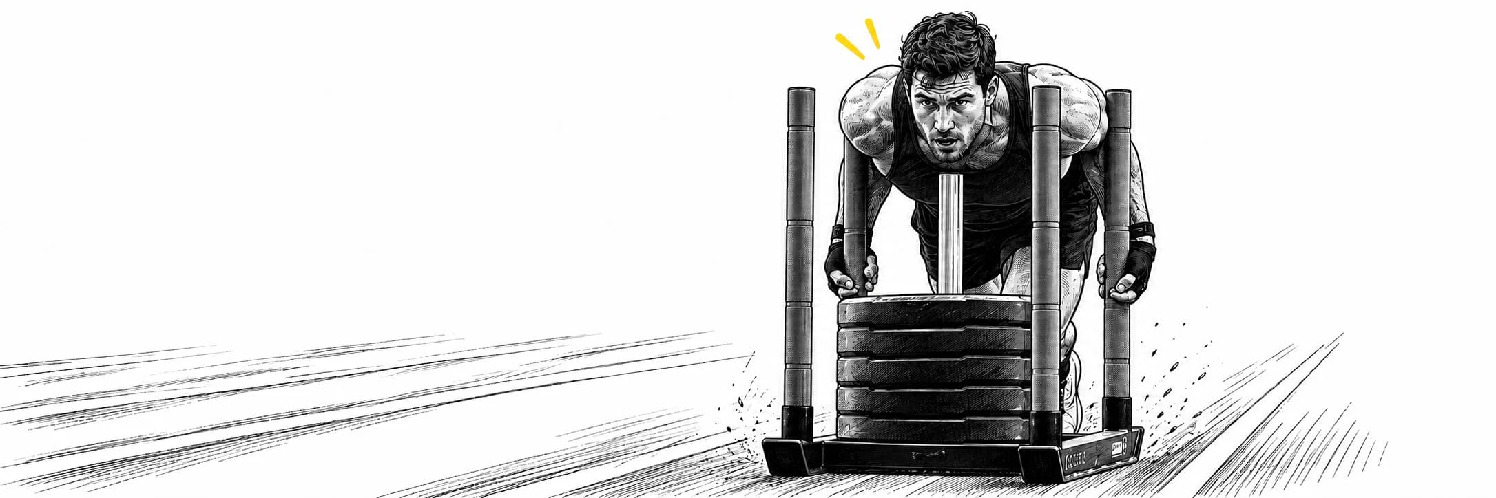 Ink illustration: Athlete pushing a weighted sled