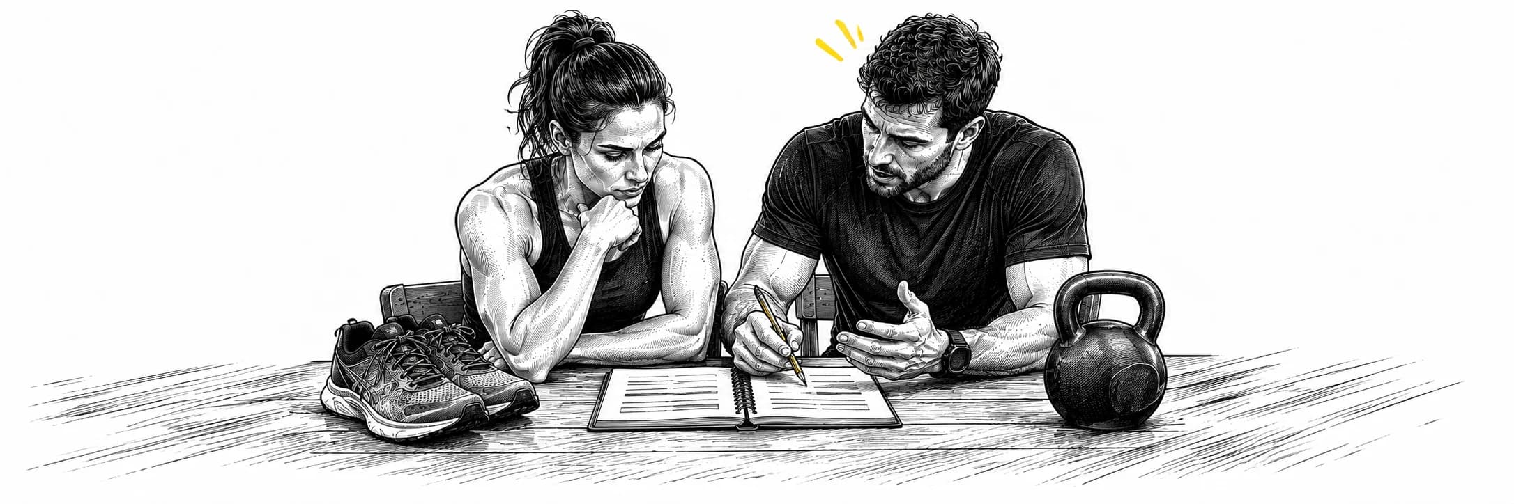 Ink illustration: Coach and athlete reviewing a training notebook