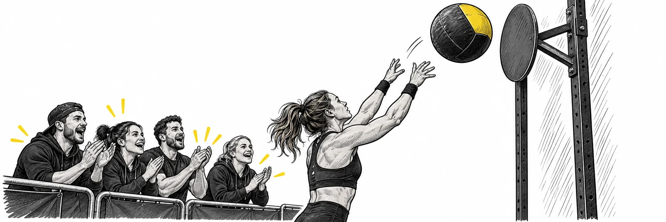 Ink illustration: Athlete throwing a wall ball toward a target with spectators cheering