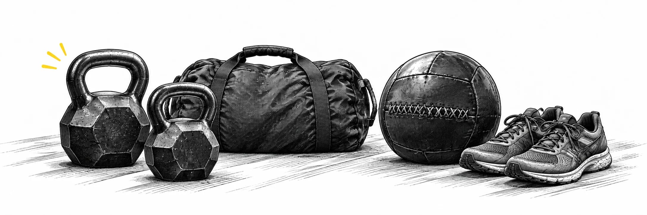 Ink illustration: Equipment arranged for hybrid training