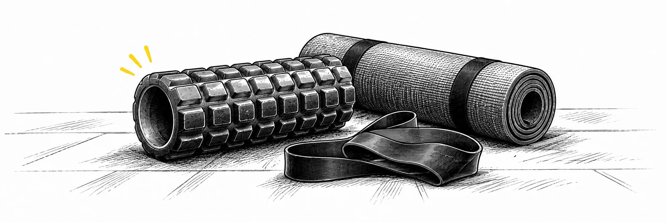 Ink illustration: Foam roller, resistance band and rolled mat