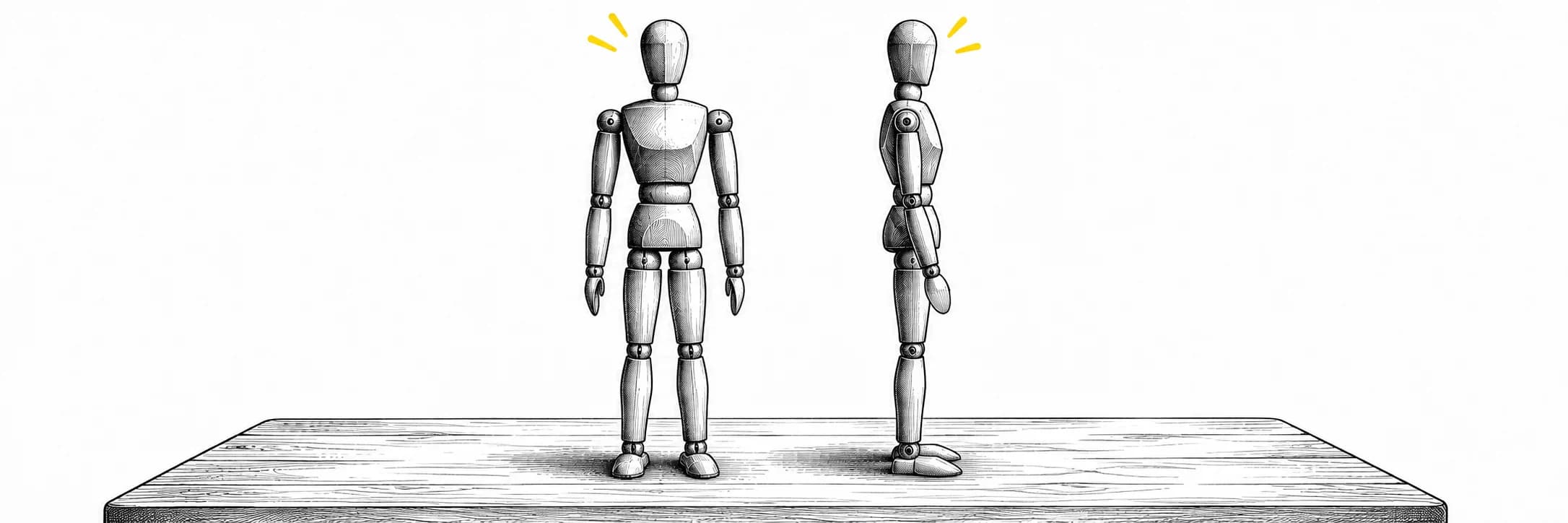 Ink illustration: Wooden drawing mannequins viewed from the front and side