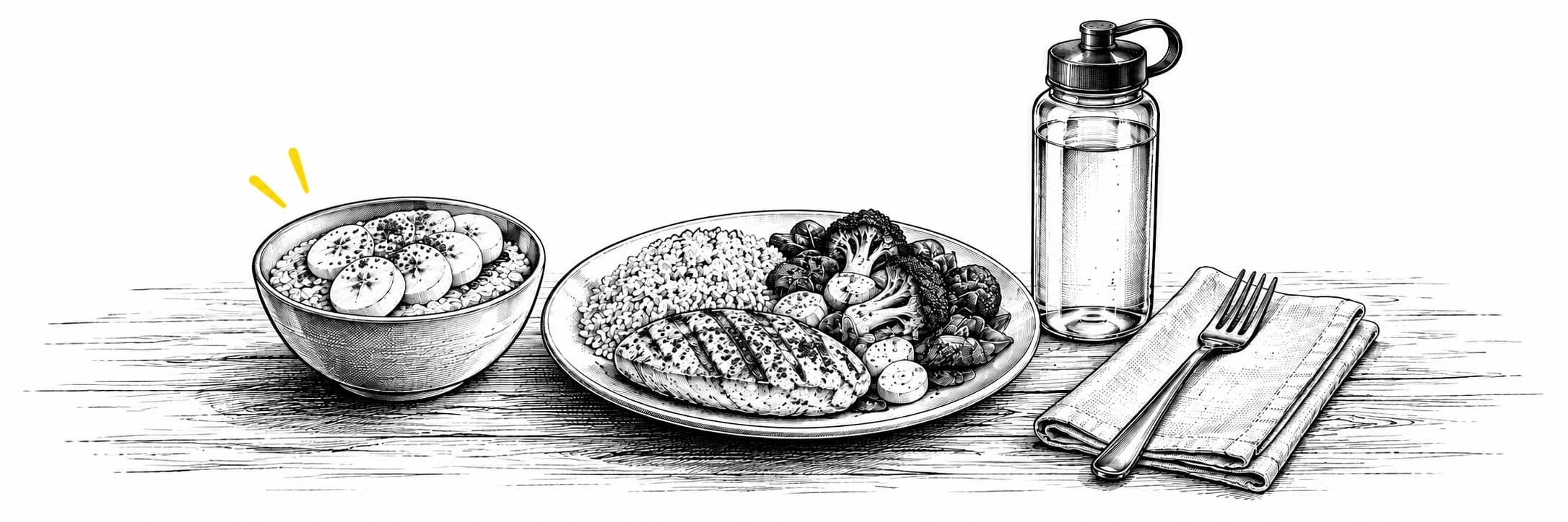 Ink illustration: Oatmeal, a meal plate and a water bottle