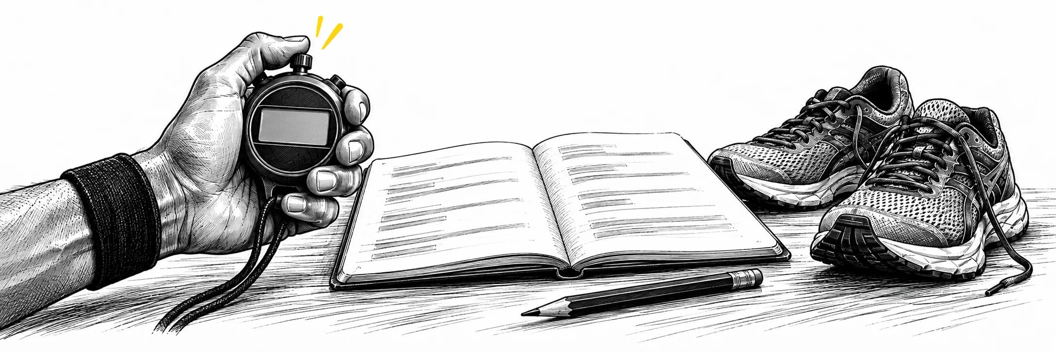 Ink illustration: Hand holding a stopwatch beside a notebook and running shoes