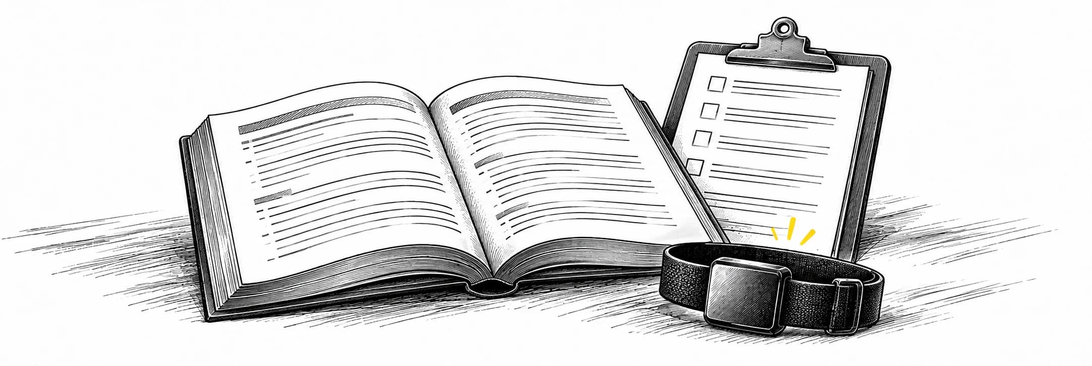 Ink illustration: Open book, clipboard and ankle timing chip