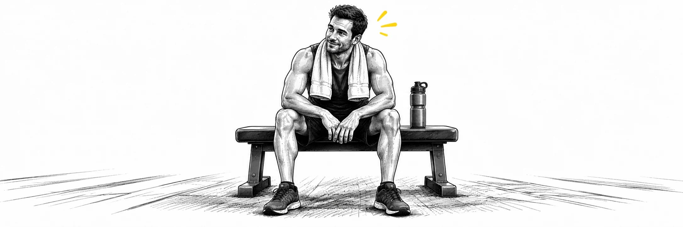 Ink illustration: Athlete resting on a bench